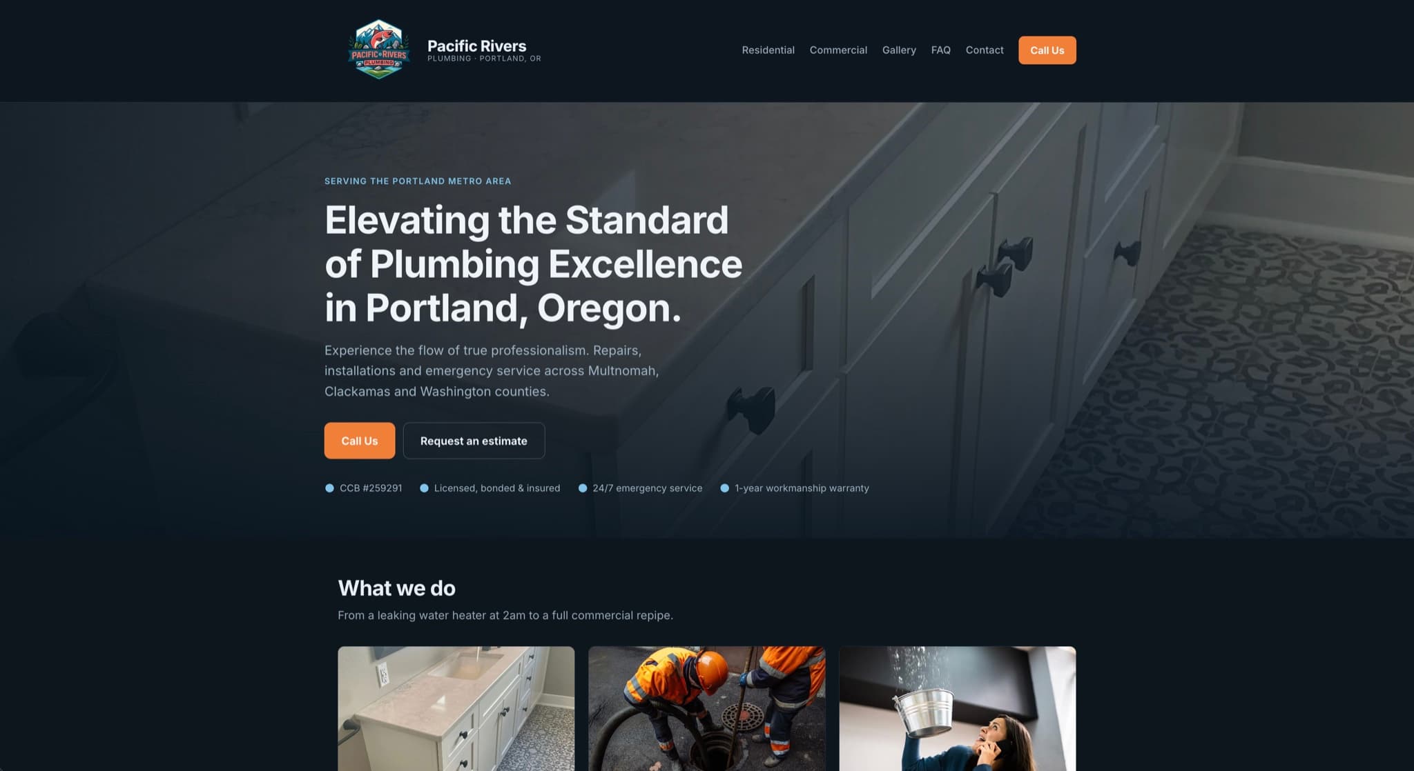 Homepage of the Pacific Rivers Plumbing website, showing the hero section and services